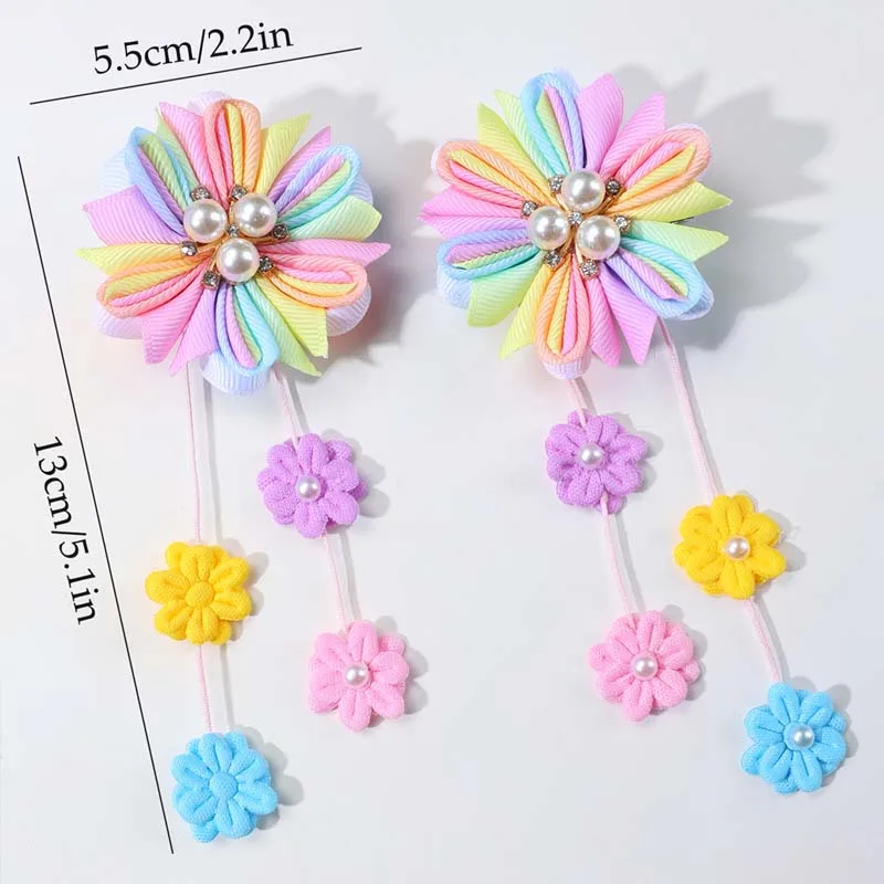 ncmama 2Pcs New Flower Pearl Hair Clips Cartoon Flower Tassel Pendant Hairpin Back To School Hair Accessories Festive Hheadwear