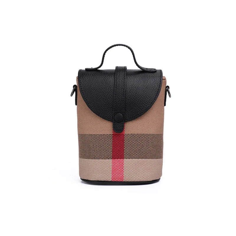 Mini bolsa crossbody de lona treliça para senhoras, zíper de couro, bolsa para celular, bolsa de ombro pequena casual