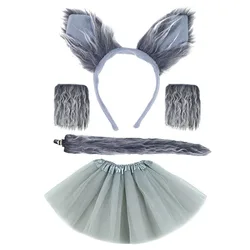 Girls Children Kids Animal Costume Wolf Tutu Skirt Ear Headband Tail Gray