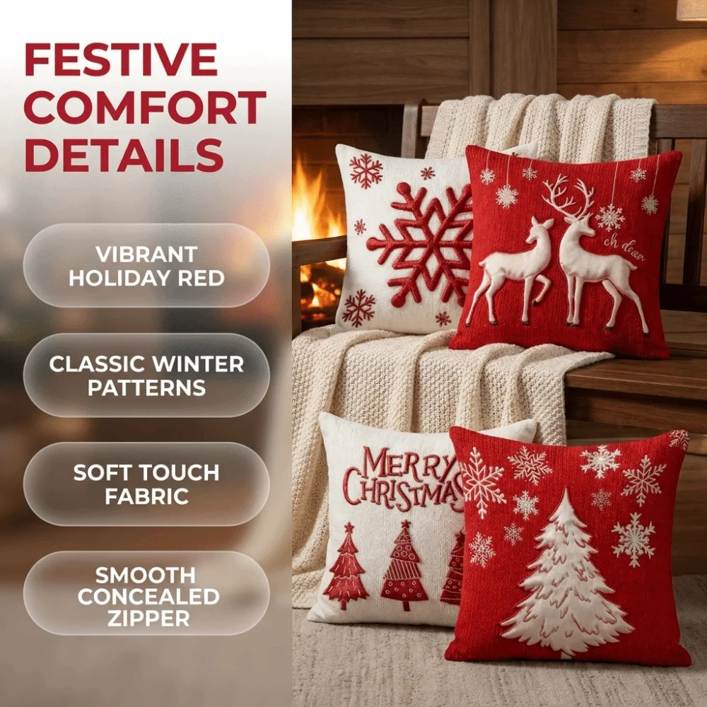 Cute 2D Flat Printed Christmas Pillow Cover Polyester Snowflake Throw Cushion Cover 18x18 Inch Soft Square Pillowcase Xmas Decor