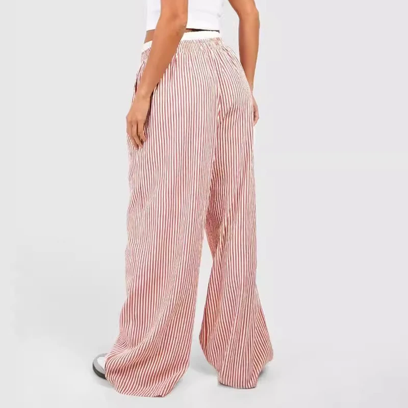 Fashion Women Y2k Stripes Lounge Pants Elastic Waist Straight Wide Leg Trousers Casual Loose Fit Bottoms Going Out Pants