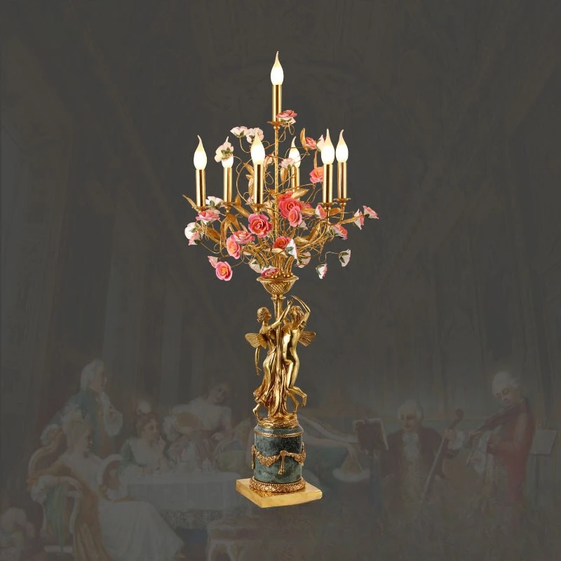 French villa living room decorative table lamp, European luxury retro court, atmospheric empty hall all copper