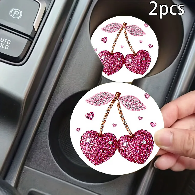 Retro Pink Smiley Car Leather Coaster Set 2Pcs Anti Scratch Cup Insert Mat 2.75