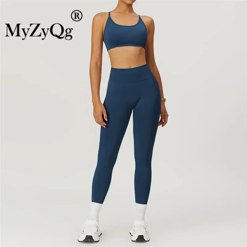 MyZyQg Women Seamless Crossover Back Yoga Bra Legging Set Summer Sports Quick Dry Top Fitnes Workout Suit 2 Piece Outfit