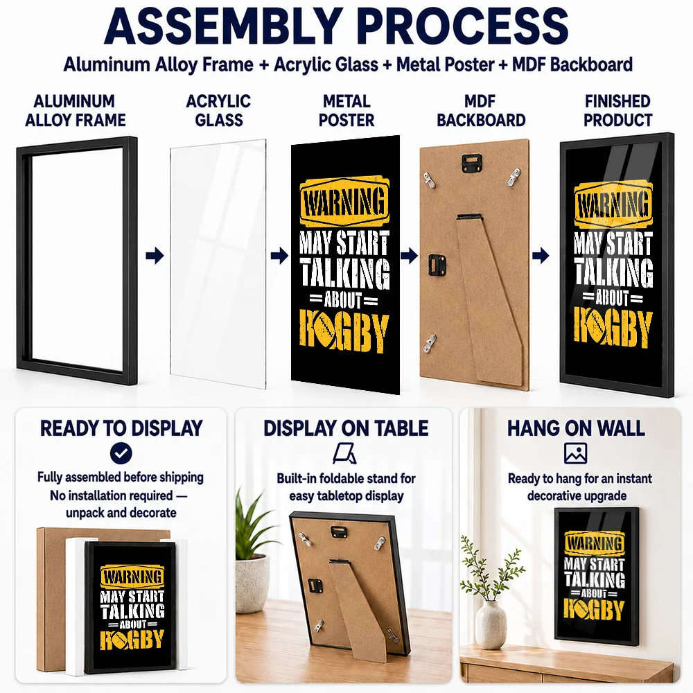 Warning May Start Talking Rugby Framed Metal Print Customized Photo Dynamic Field Style Wall Art For Study Unique Athlete Gift