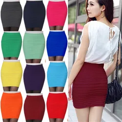 Candy Color Elastic Pleated Skirt High Waist Bodycon Mini Skirts Sexy Office Women Slim Pencil Skirts Clubwear Short skirt