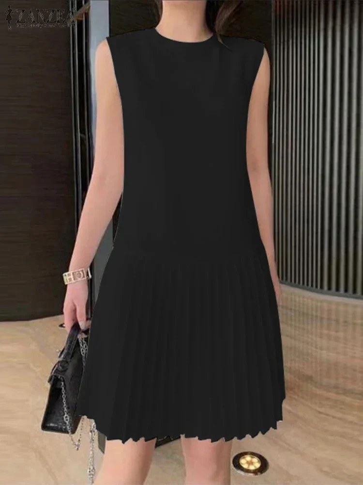 ZANZEA 2025 été sans manches plissé Mini robe femmes élégant fête réservoir robes dames décontracté couleur unie courte robe d'été
