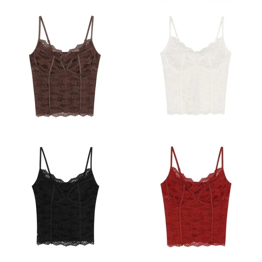 Top corto de encaje ajustado con flores de malla, camisa con cuello en V, chaleco para niña, Top picante, chaleco estilo para niña, camisola con almohadillas