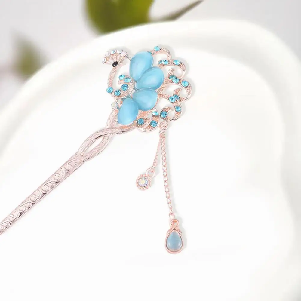 Women Hair Fork Exquisite Chinese Style Hair Stick Colorful Rhinestone Flower Decor Tassel Hollow Out Lightweight Hair Fork