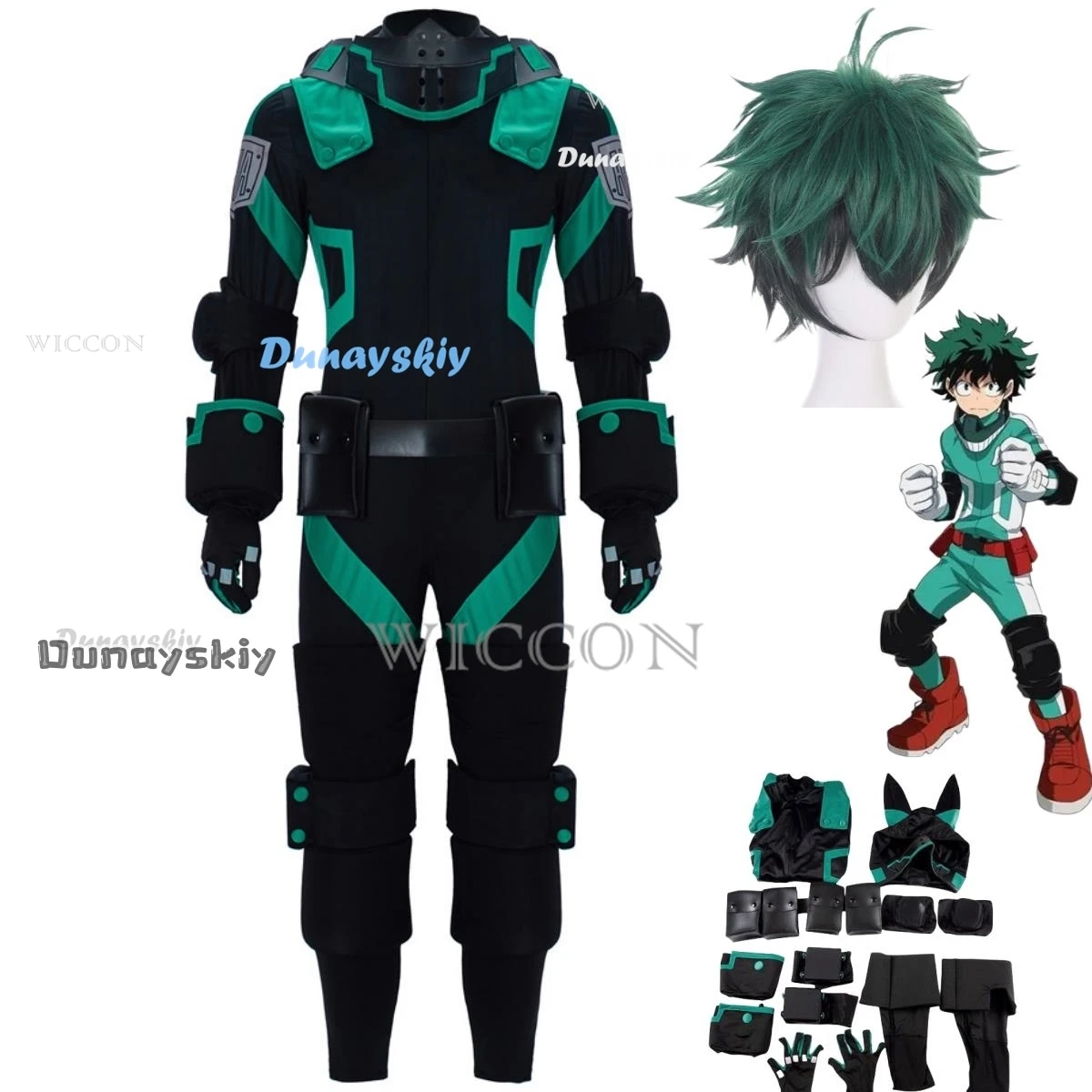 

Anime Midoriya Izuku Cosplay Costume Wig Jumpsuits Combat Uniform Full Set Accessories Man Halloween Suit
