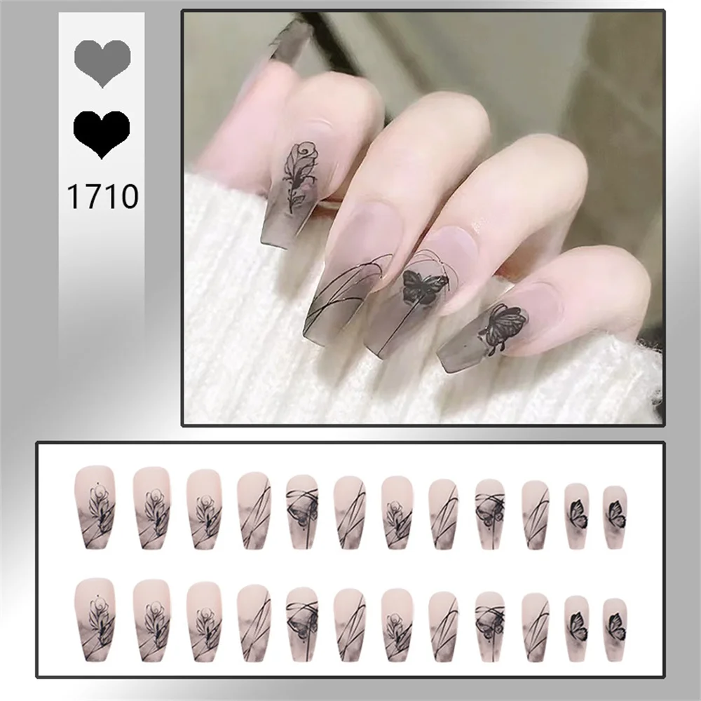 24pcs Matte Fake Y2k Nails Press On Long Coffin Frosted Chinese Style False Nails With Ink Painting Designs Full Cover Nail Tips