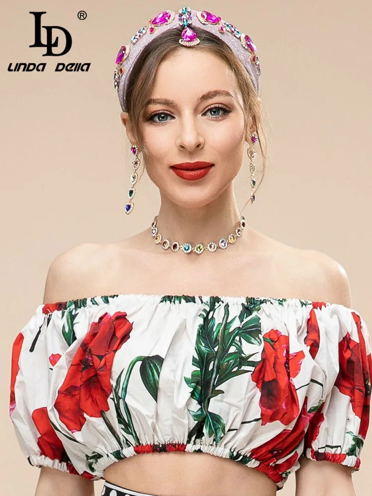 

LD LINDA DELLA Fashion Runway Summer Short Top Women's Sexy Slash neck Puff sleeve Flower Print Vacation Tops