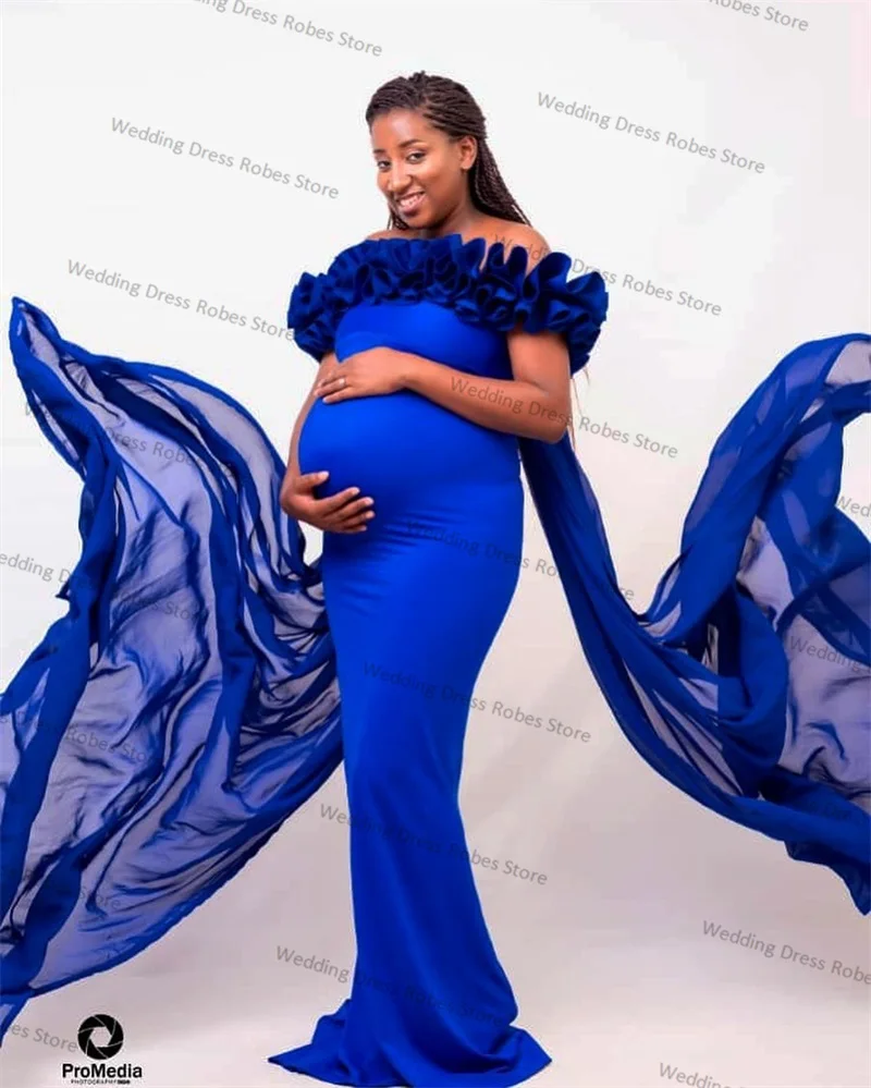 

Royal Blue Women Prom Maternity Dresses for Photo Shoot Robe With Train Pregnant Sleepwear Photography Tailored Nightgown