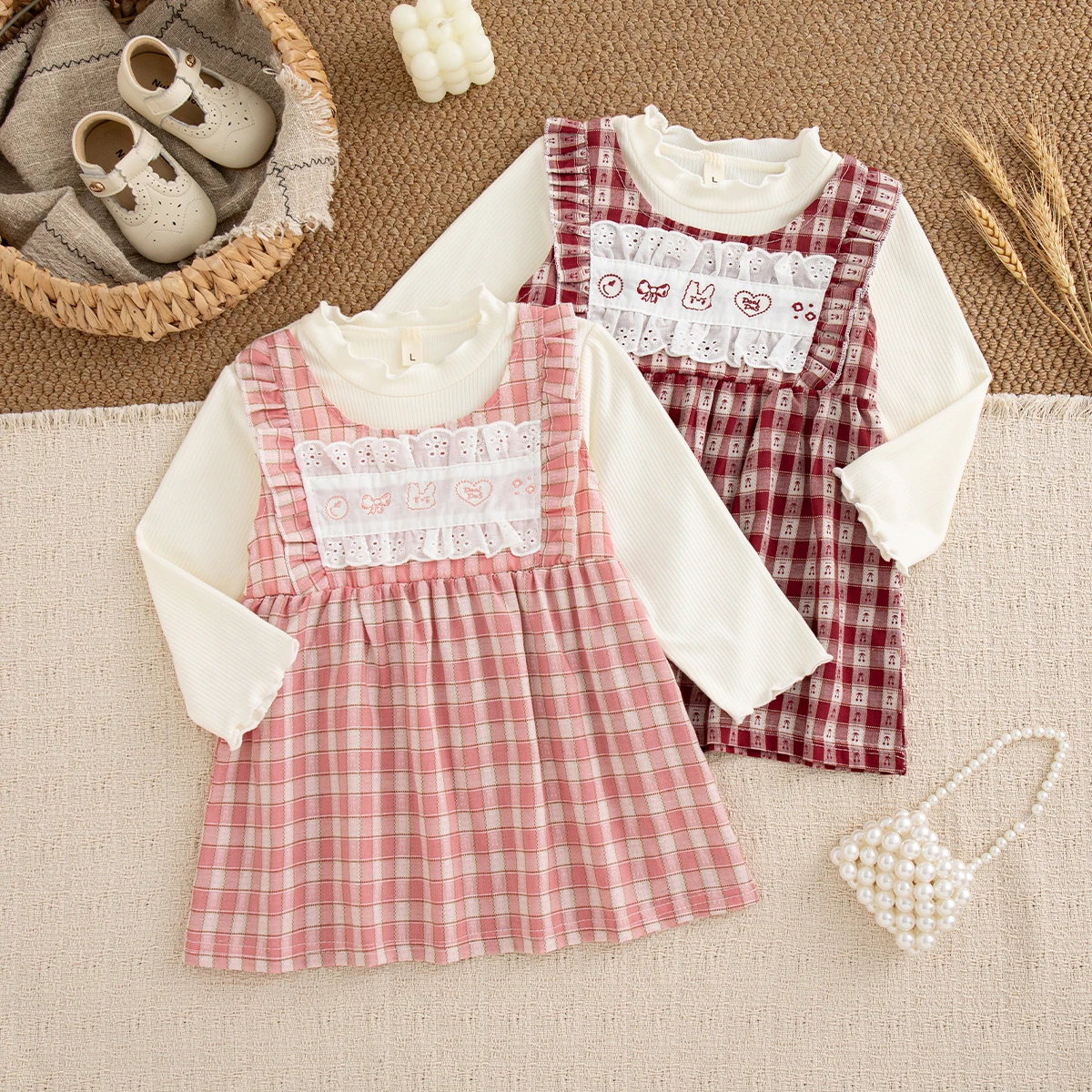 Baby Girl Spring Autumn Dress Sweet Princess Style Bunny Embroidery Long Sleeve Pink Plaid Dress Birthday Outfit