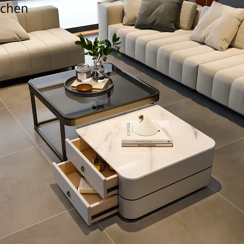 PYH square double-layer drawer coffee table table light luxury simple glass rock slab living room advanced sense