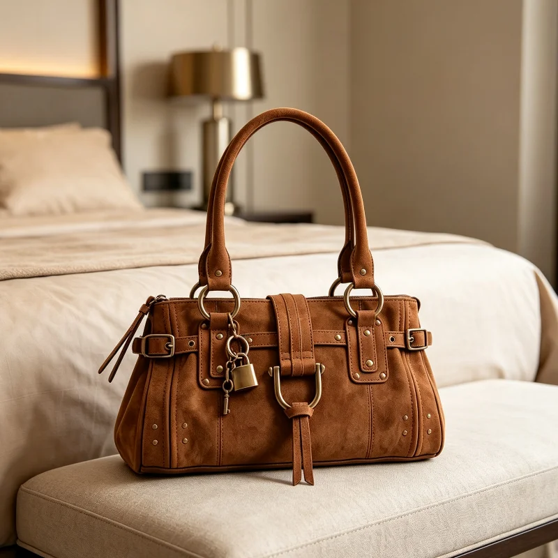Rechteckige Handtasche, Damen-Tragetasche mit Goldschnalle, Nietenverzierung und Schlüsselanhänger, Winterliche Vintage-Umhängetasche in Unifarbe – Detail 5
