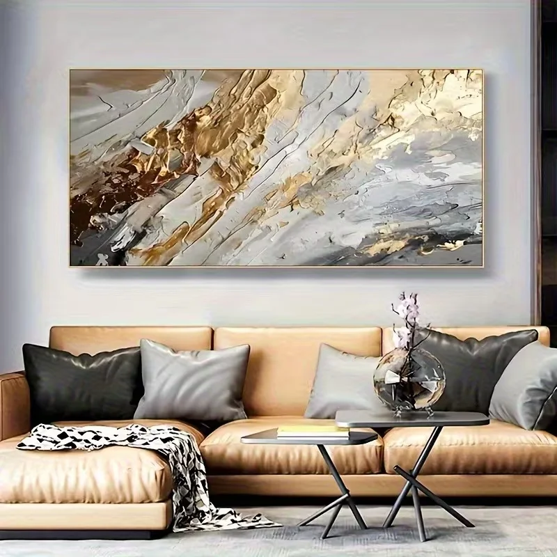 1pc 2D Flat 2D/Flat Art Frameless Canvas Print, Large Modern Abstract Golden and Gray, Shimmering Golden Tones, Luxurious Wall M