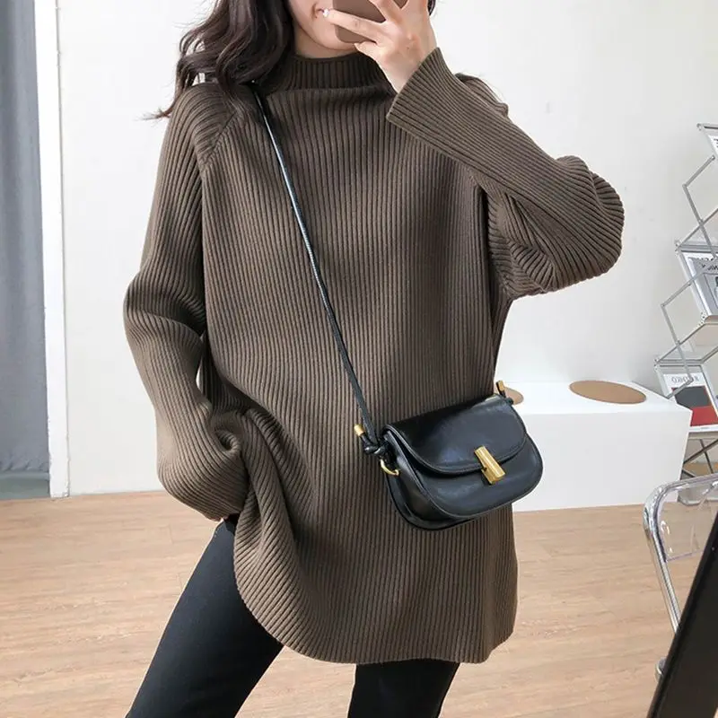 Pullover Female 2023 Mid length Knitted Sweater Women Autumn and Winter New Half High Neck Loose Hip Covering Versatile Sweater