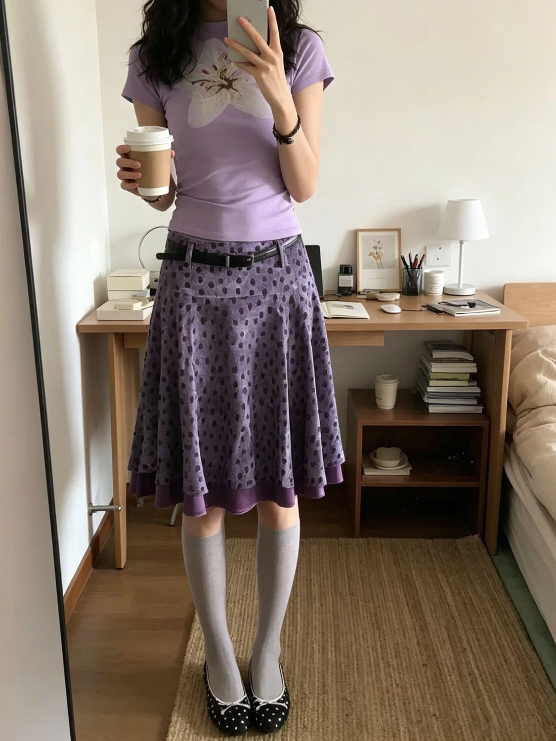 

Korean Style Floral Print Short Sleeve T-Shirt Top Atmosphere Age Reduction Polka Dot Skirt Two Piece Set Fashionable