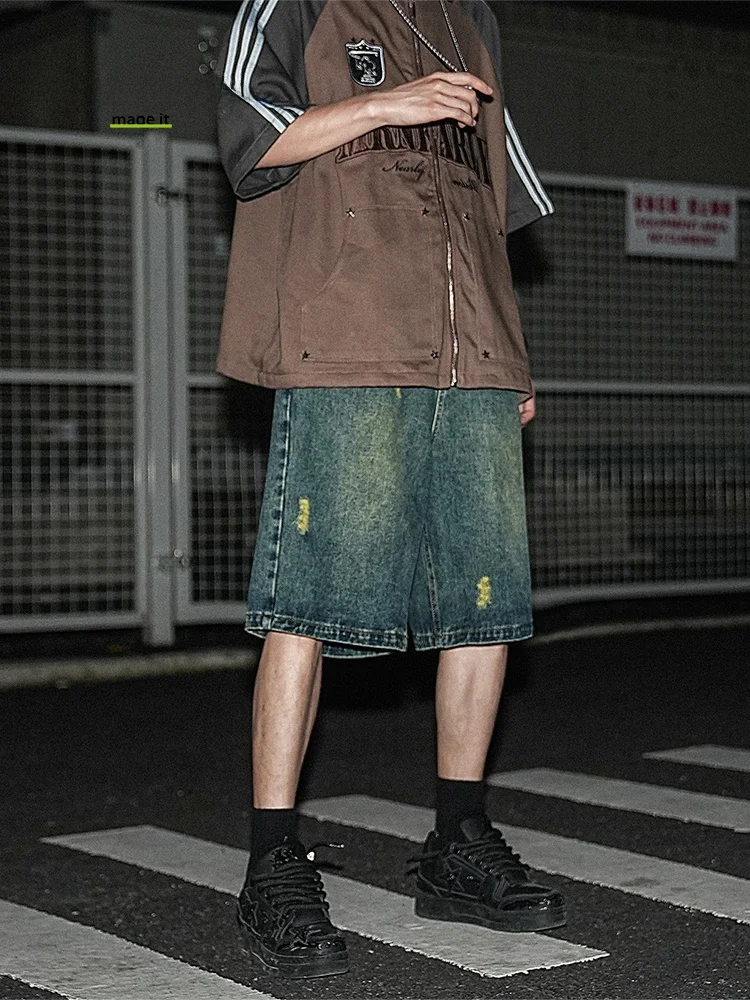 

MMOPTOP Men's Summer Loose Fit High Street Waed Denim orts Straight Leg Five-Point Pants Casual Cotton Blend Jeans