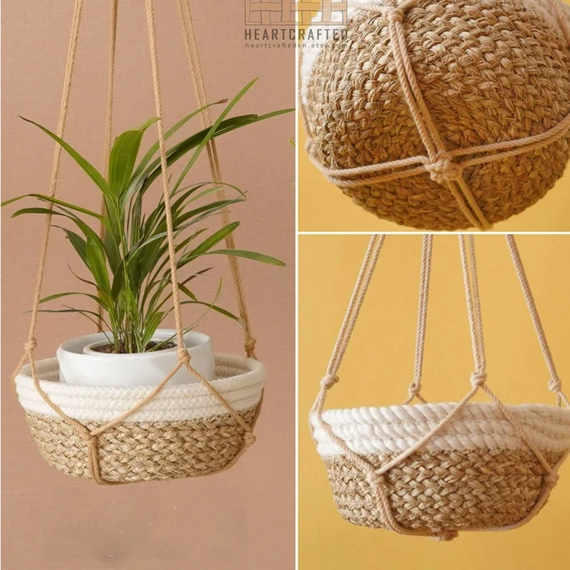 BLANC ateur de couleurs Boho Macramé porte-plante tissé à la main 100% coton tissé Baske cintre conflicBasket pour plantes d\'intérieur bonsaï