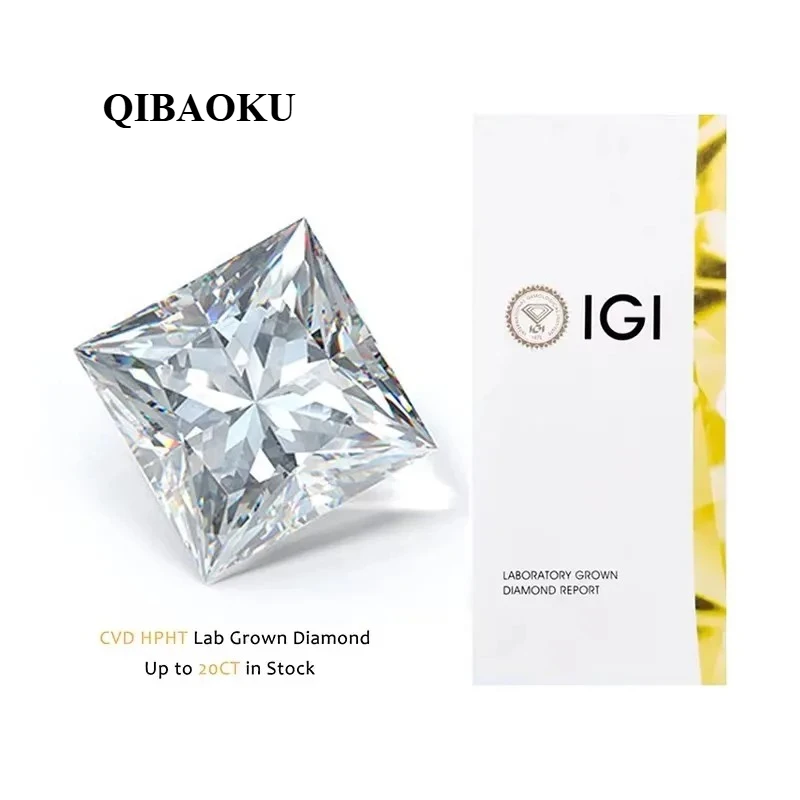 QIBAOKU Jewelry IGI Certificates Princess Shape Lab Grown Diamonds 0.3ct 0.5ct 1ct 1.5ct 2ct 3ct 5ct Lab Created Diamond