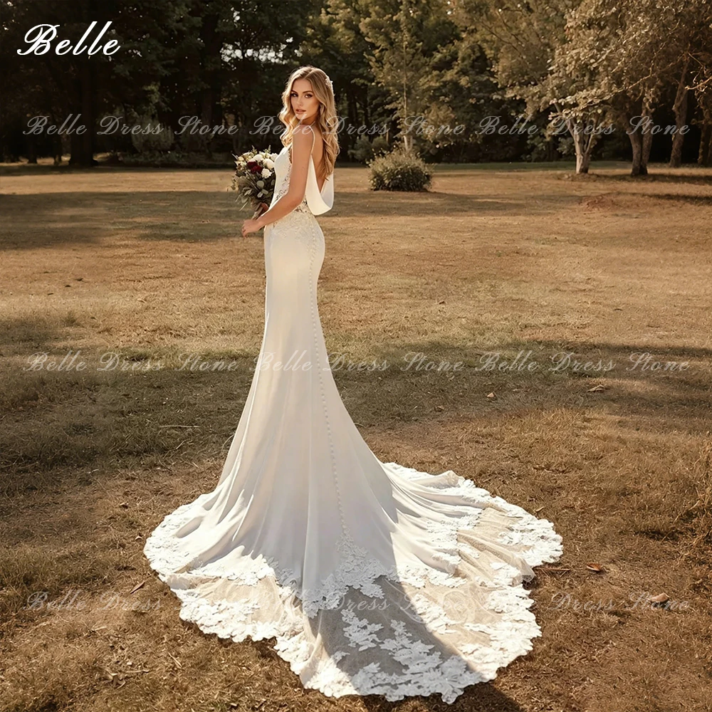 Belle Wedding Dress Beach Boho Mermaid V-Neck Spaghetti Strap Bride Dress Mermaid Court Train amanda novias oficial Customized