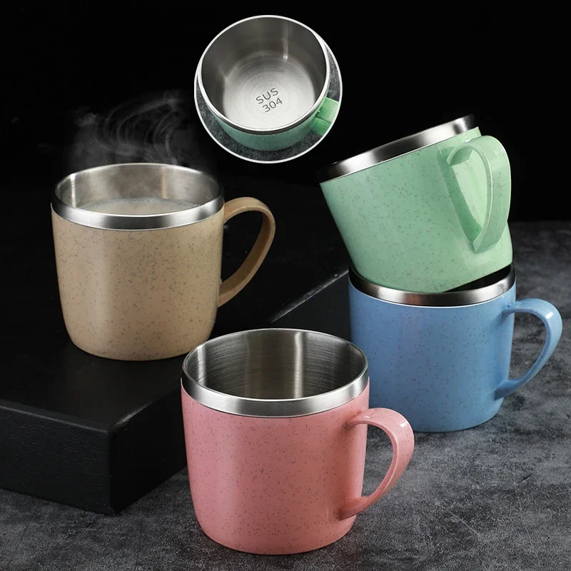 Double Walled Insulated Cups Wheat Straw Elements Coffee Mug Unbreakable Stainless Steel Inner Liner Jug Tea Office Water Mugs