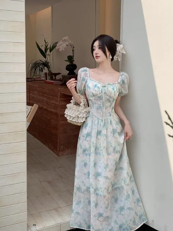 

plus Size Floral Print Puff Sve Wrap Dr Women's Summer New Sle Waist Cinching Long Dr Korean Sle Commute Wind