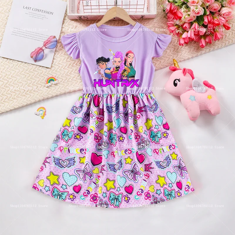 

KPop Demon Hunters Dress Girls Sweet Trend Casual Little Fly Sleeve Frock Kawaii Anime Figure Print Skirt Kids Birthday Gifts