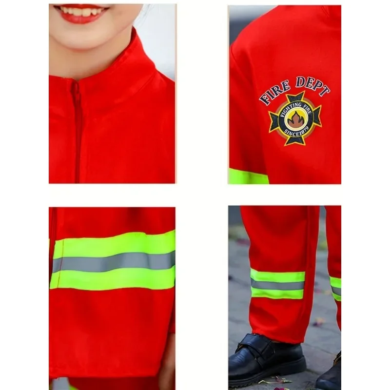 مجموعة كاملة من أزياء رجال الإطفاء الحمراء للأطفال من عمر 3-12 سنة مع صفارة لعبة واقعية موحدة لأداء الحفلات التظاهري #4