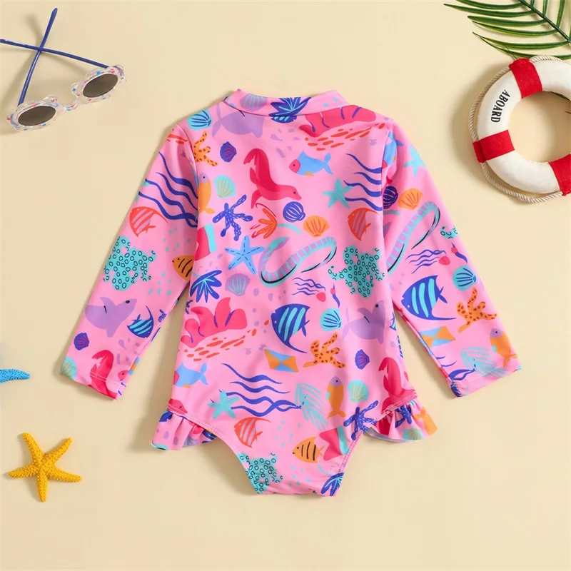 

Little Baby Girls Rash Guard Swimsuit Long Sleeve Zipper Cute Print Ruffle Bathing Suit Toddler Summer Clothes