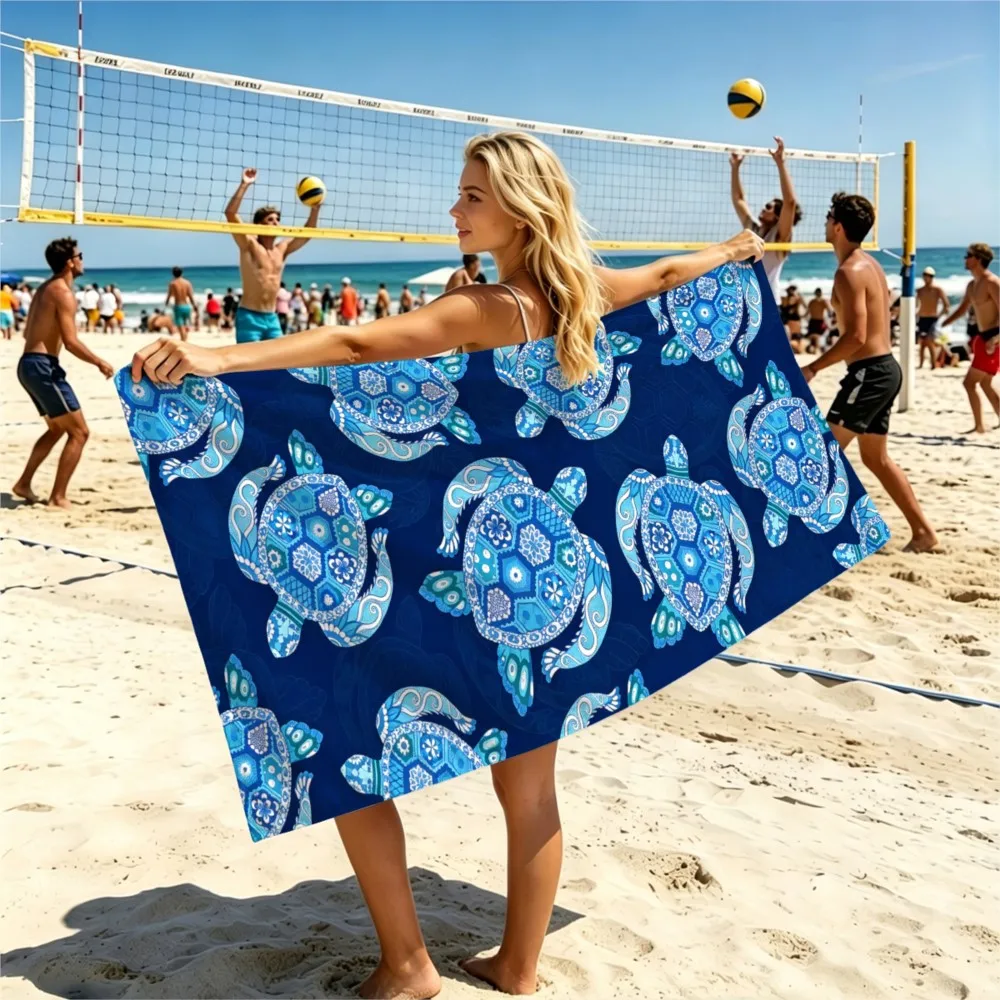 1pc deep blue turtle beach towel, ultra-fine fiber swimming towel, oversized absorbent quick drying sand proof beach chair towel