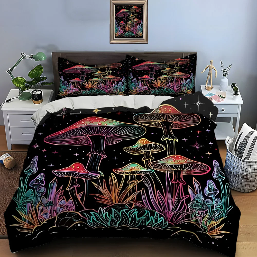 Rainbow mushrooms under starry background Bedding Set for Kids Luxury Gift 3pcs Digital Print Comforter Set Soft Comfortable