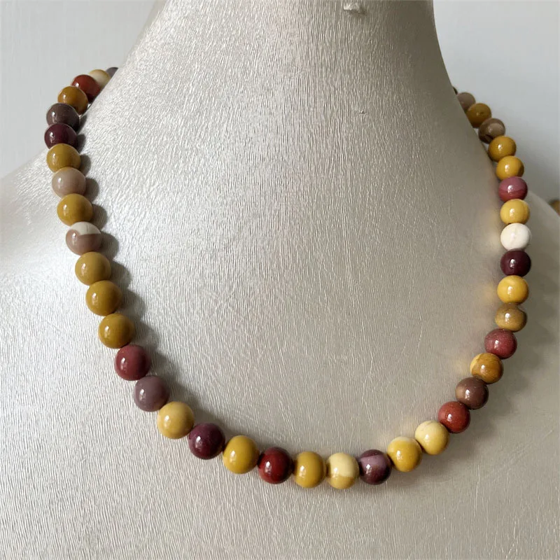 8MM Moukaite Necklace Egg Yellow Red Natural Stone Beads Jewelry Health Care Gemstone Protection Choker Healing Yoga Female