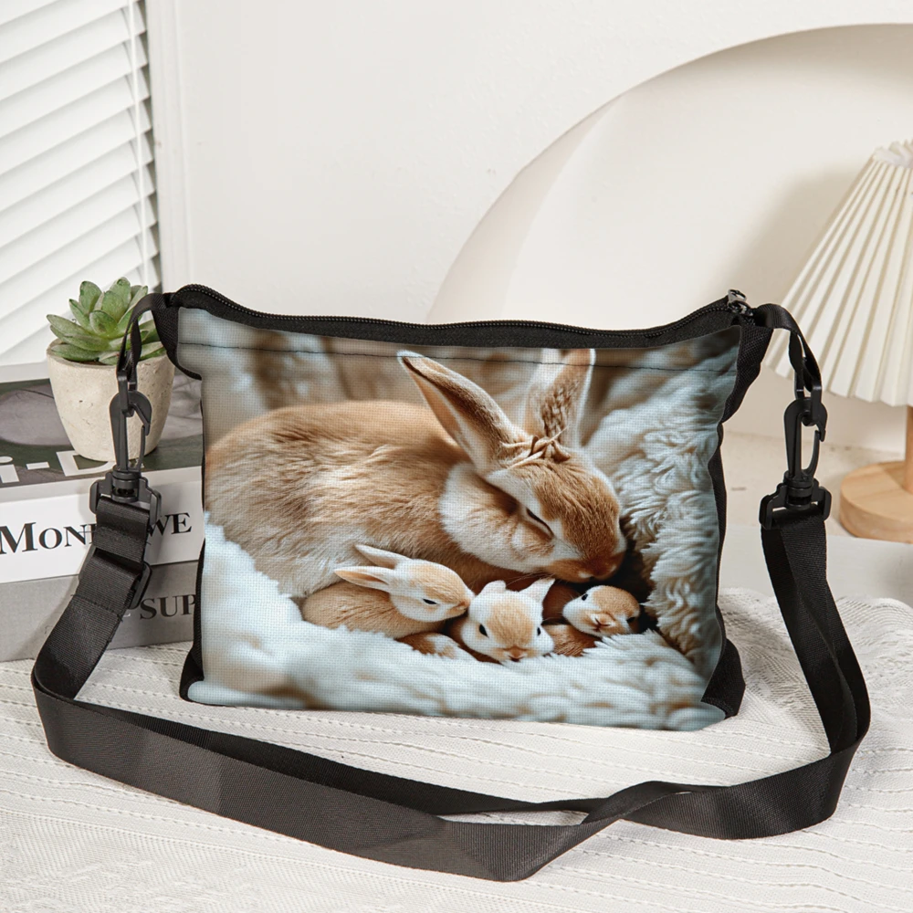 Cute Rabbit Family Print Crossbody Bag Black Animal Pattern Shoulder Bags For Women And Girls Casual Daily Use Travel Shopping B
