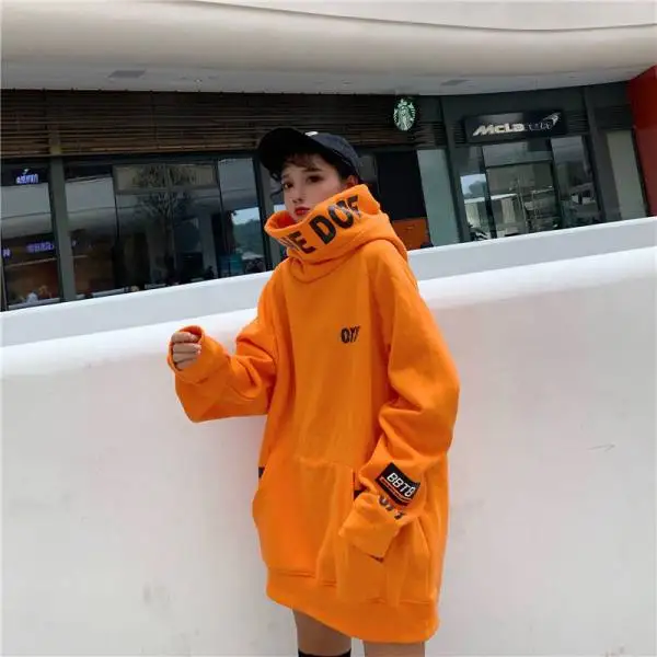 K Pop Clothes New Y2k Sweatshirt Hoodie High Collar Harajuku Punk Loose Orange Long Sleeve Hooded Sweatshirt Women Streetwear