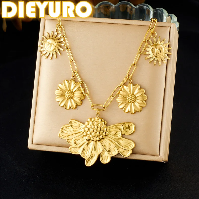 

DIEYURO 316L Stainless Steel Golden Irregular Luxury Gorgeous Flower Sun Pendant Necklace Lady New Waterproof Neck Chain Jewelry