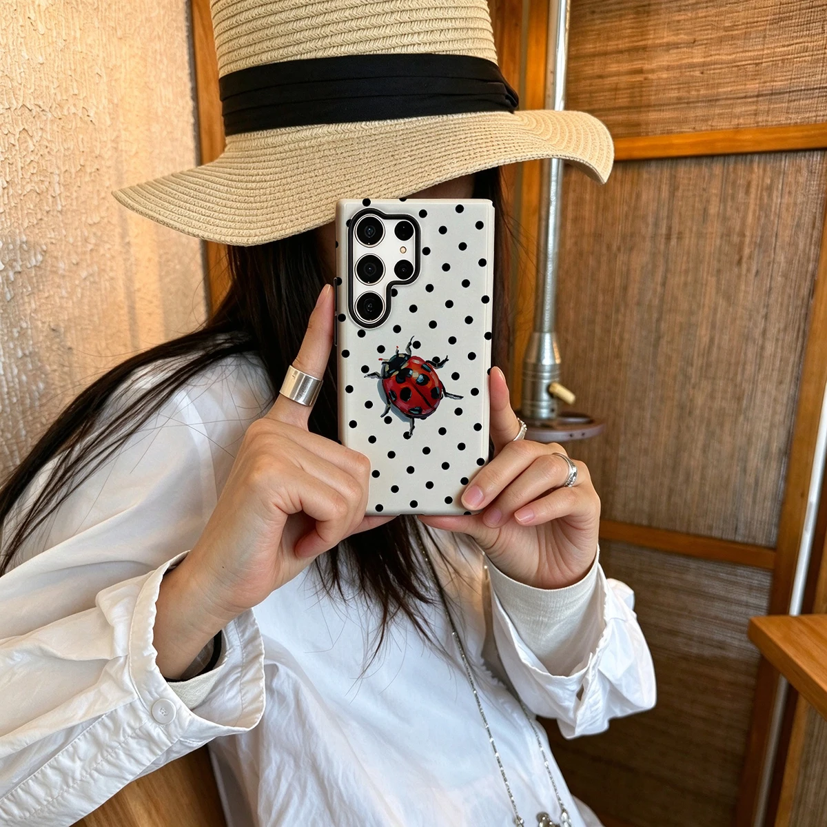 Cream Dots Ladybug Hard Shock-Absorption Phone Case For Samsung Galaxy S26 S25 Ultra S24 S23 Plus 2-in-1 Protective Cover