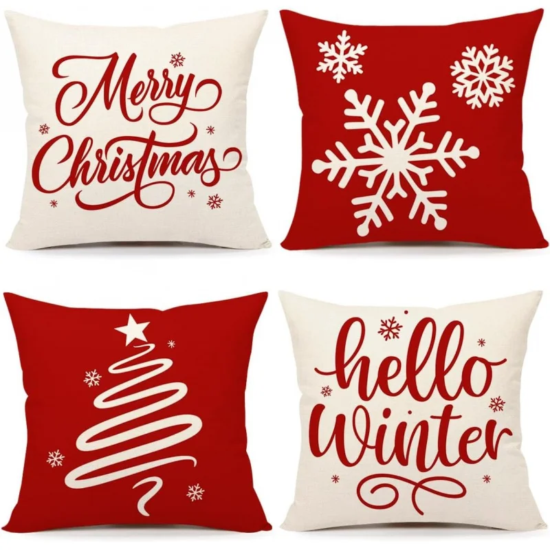 

Red Christmas Pillowcase 18x18 Set of 4 Farmhouse Christmas Decorations Snowflake Hello Winter Festival Decoration H