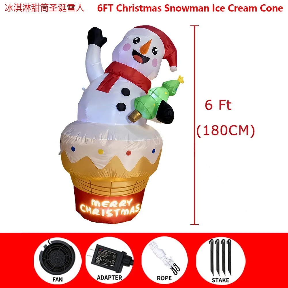 6FT (1.8M) Inflatable Christmas Snowman in the Shape of an Ice Cone with Christmas Tree Lights, Outdoor Garden Decoration
