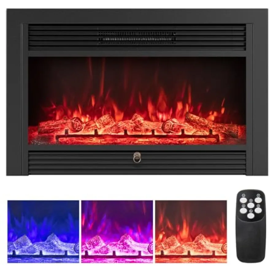 33インチ電気暖炉インサート 壁掛け式 埋め込み式暖炉ヒーターインサート 3つの炎の色 5段階の明るさ調整 8時間