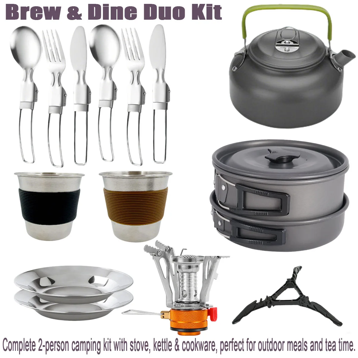 Factory Price Camping Cookware Stove Folding Teapot Set Stainless Steel Cup Tank Bracket Fork Spoon Kit for Hiking and Picnic