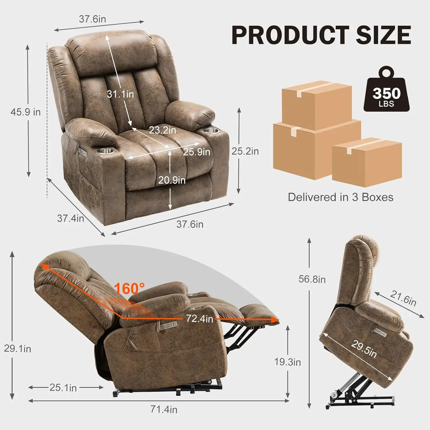 Oversized Power Lift Recliner Chair with Massage and Heat for Elderly, Overstuffed Wide Reclinersn