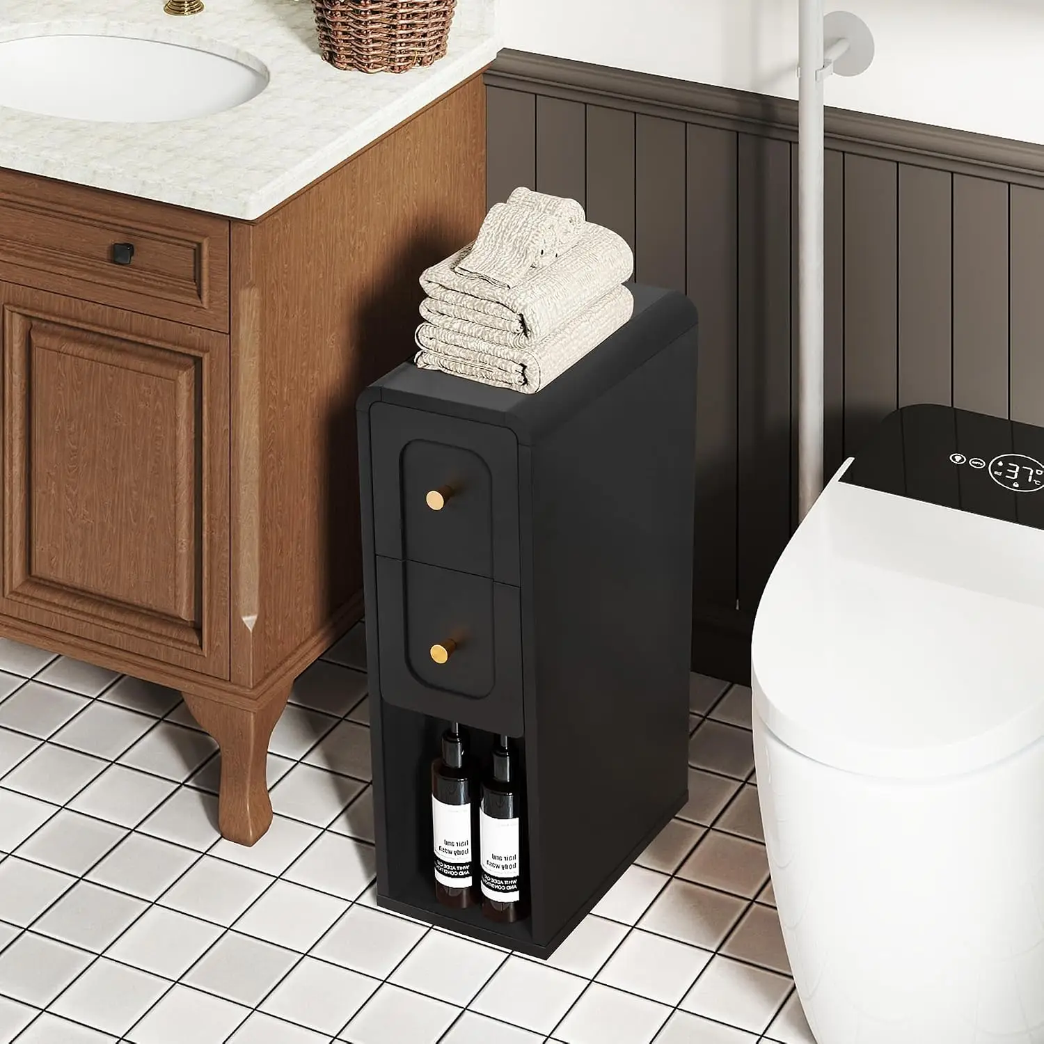 Narrow Nightstand with 2 Drawers Small Bedside Tables(Black-1PCS)