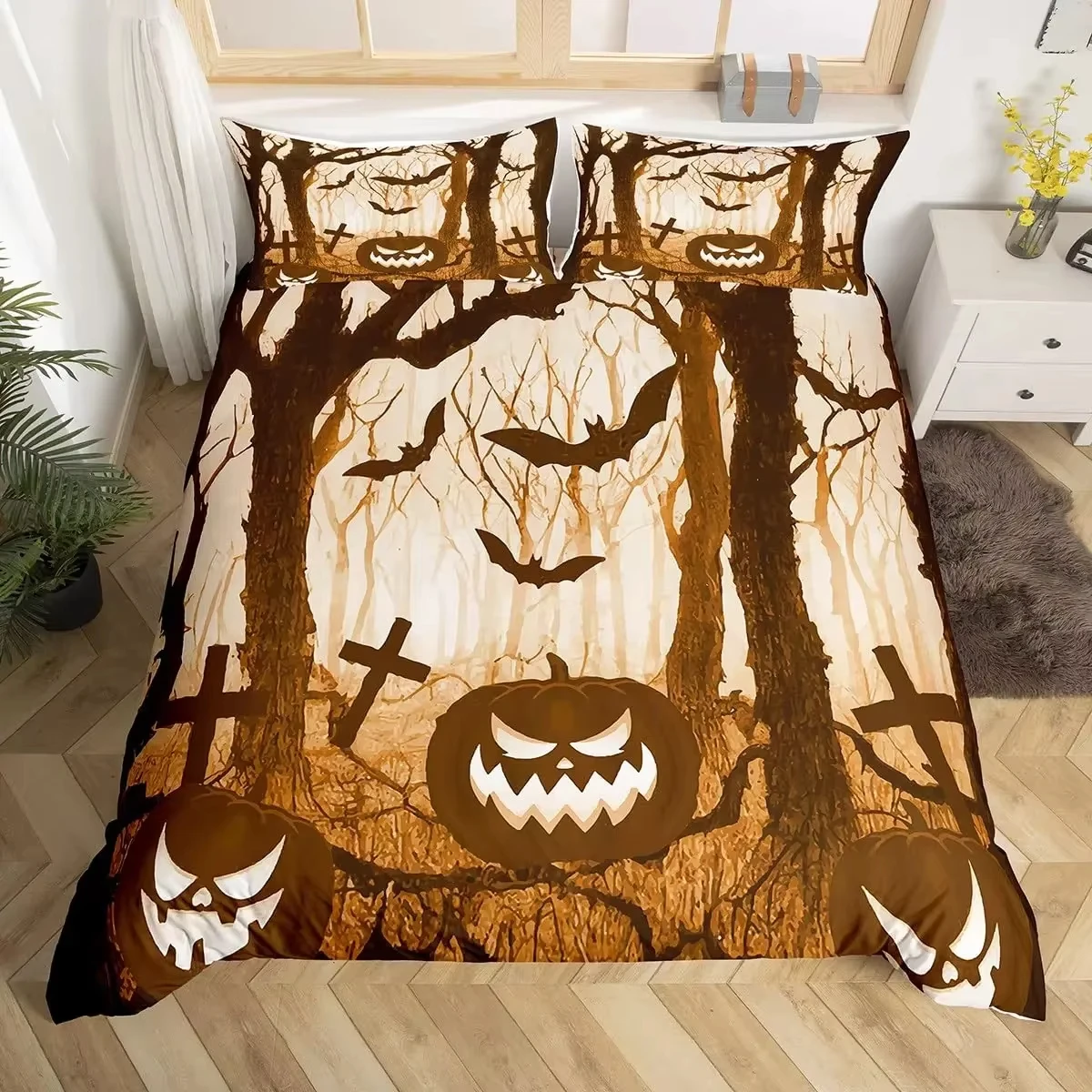 Halloween Bedding Set Gothic Castles Trees Pumpkins Duvet Cover Spooky Owls Cats Bats Comforter Cover Horror Night Quilt Cover