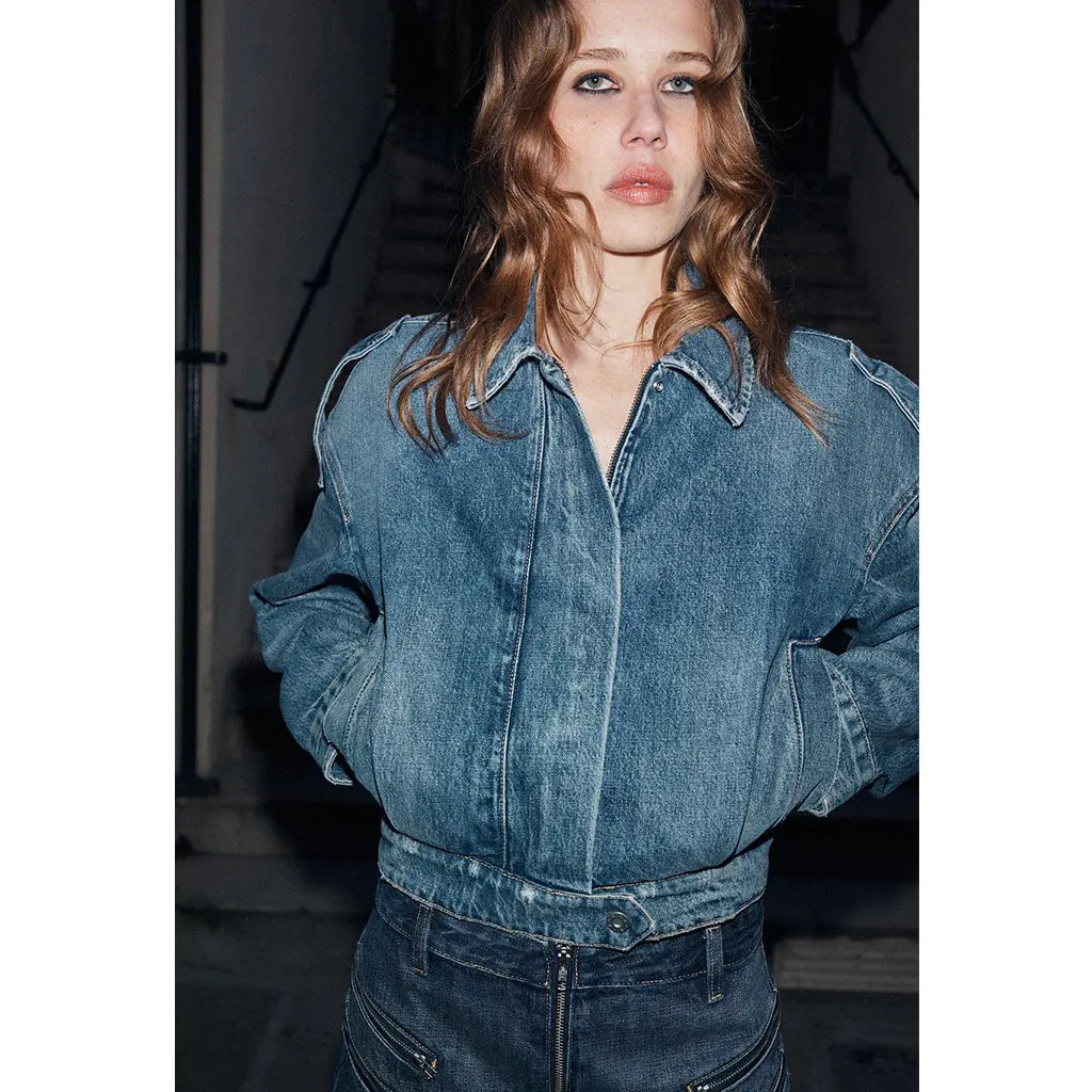 Spring Summer New Women's Denim Jacket Short Sleeveless Turn-down Collar Long Sleeve Button Decor Belted Women's Outerwear