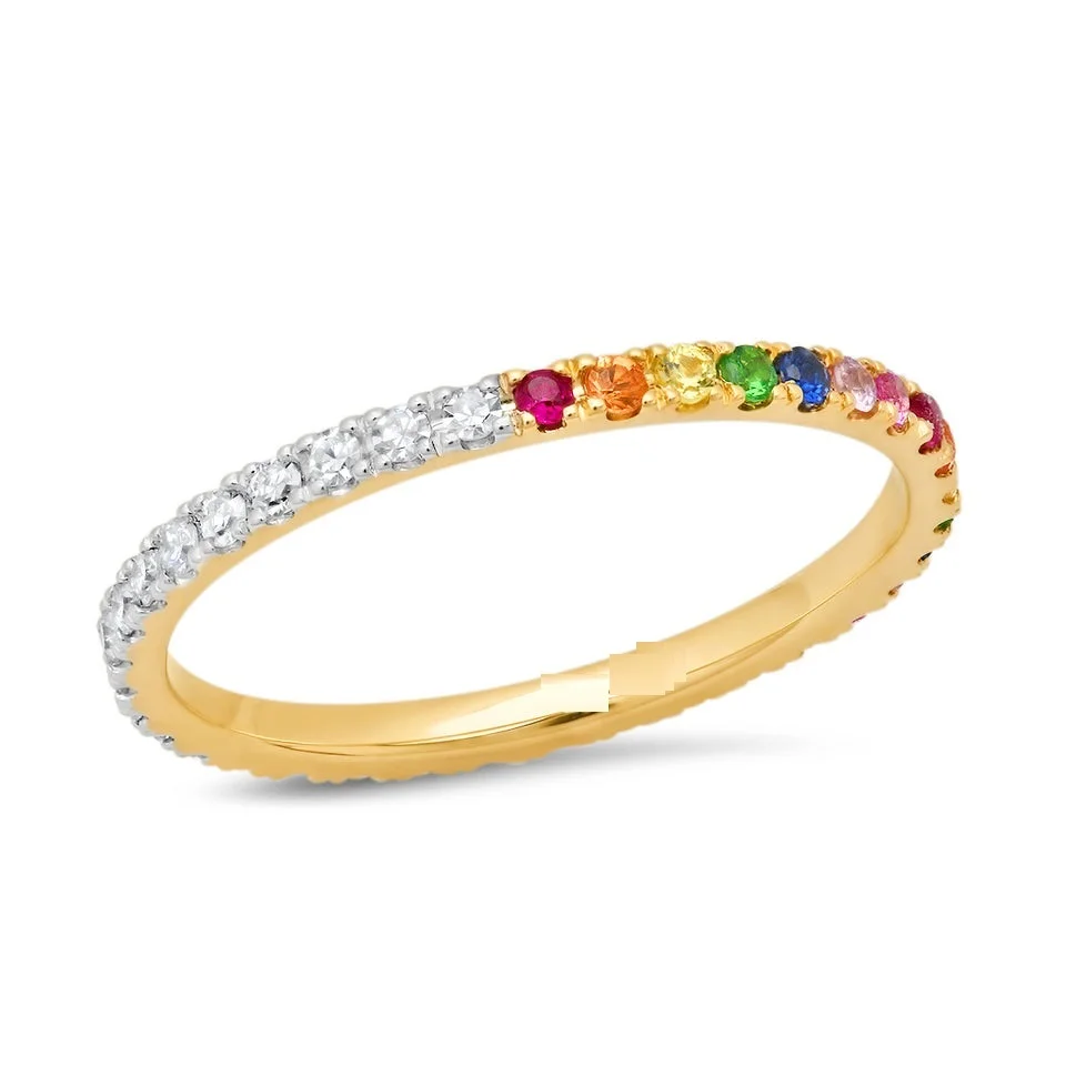 Gold Vermeil 925 Sterling Silver Colorful Jewelry Degrade Gradient Pink Blue Rainbow CZ Paved Slim Eternity Band Stacking Ring