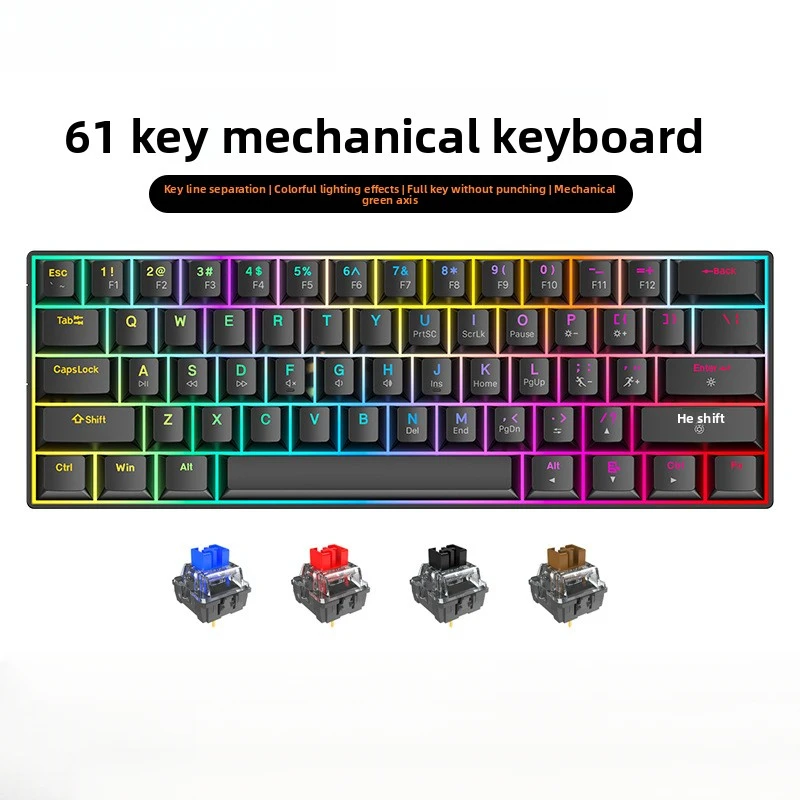 

Mechanical Keyboard Green Axis Wired 61 Keys Portable E-Sports Gaming Keyboard