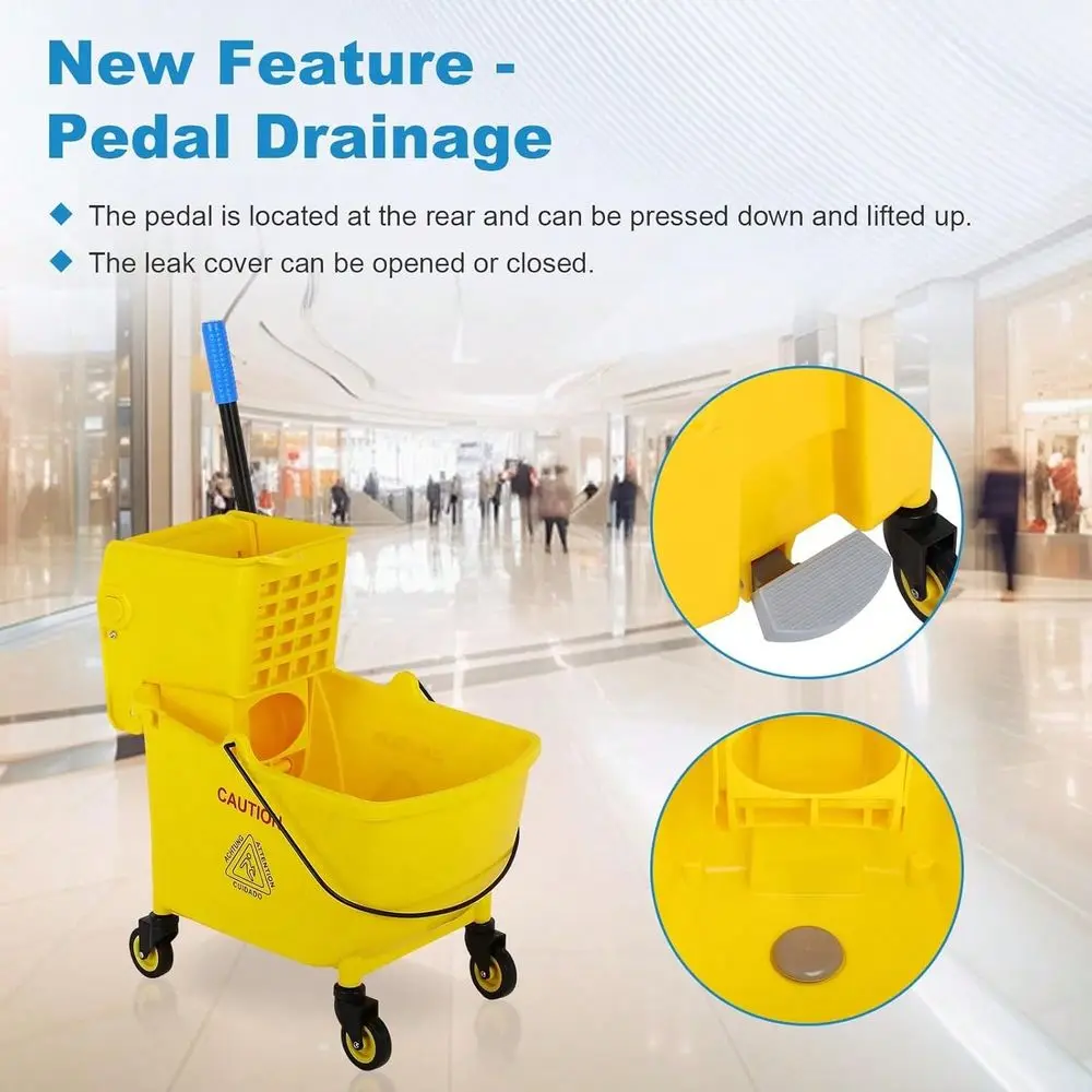Pedal Mop Bucket, Commercial Mop Bucket With Drain, 35 Quarts, Yellow. Includes One Commercial Mop And An Extra Mop Cloth For E